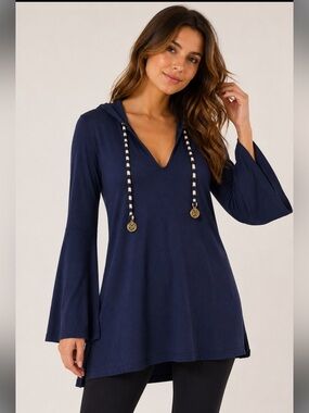 Macbeth Collection by Margaret Josephs Navy Terry Cloth Hoodie Beach Cover-Up